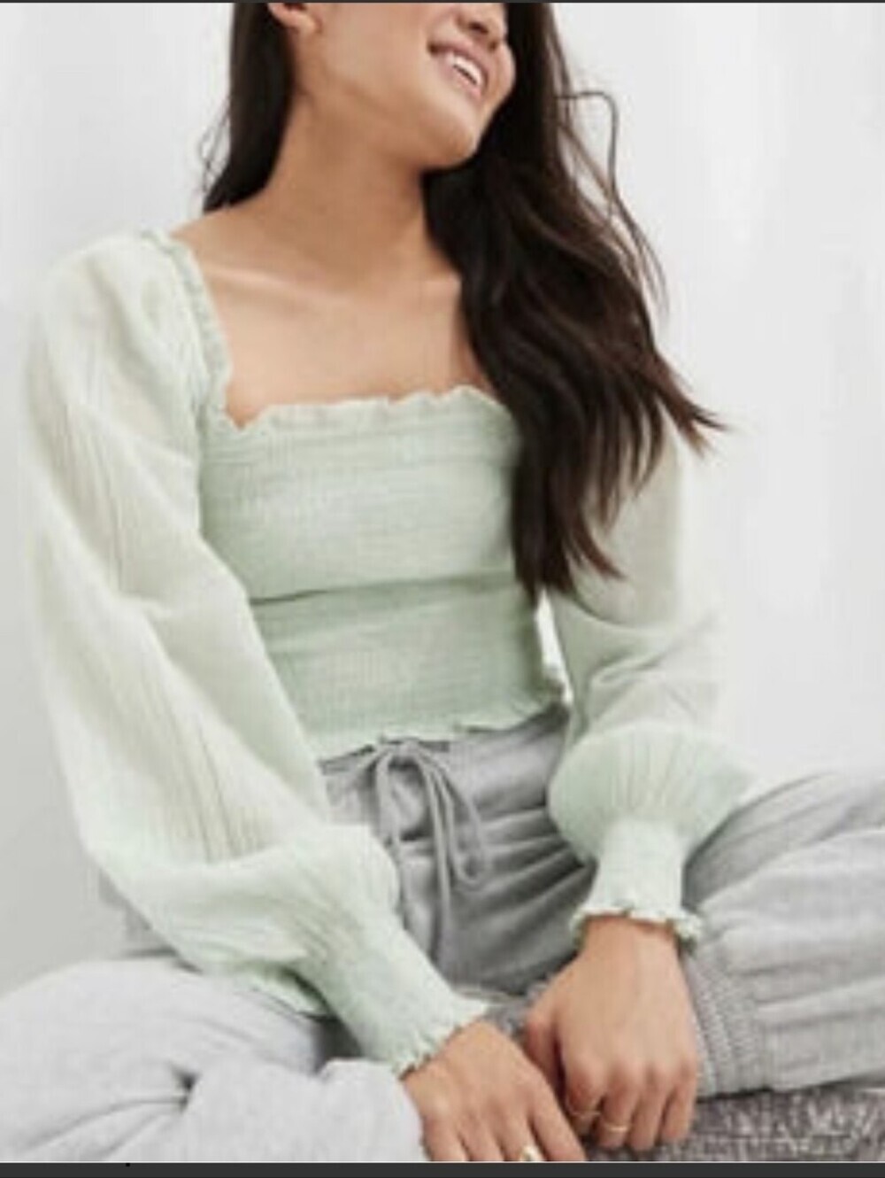 aerie Mint Green Smocked Long-Sleeve Crop Top Sz S